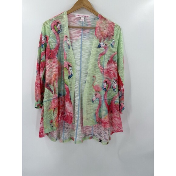 LEOMA LOVEGROVE Wearable Art Flamingos Open Front Cardigan Sweater-SMALL  EUC - Picture 7 of 13